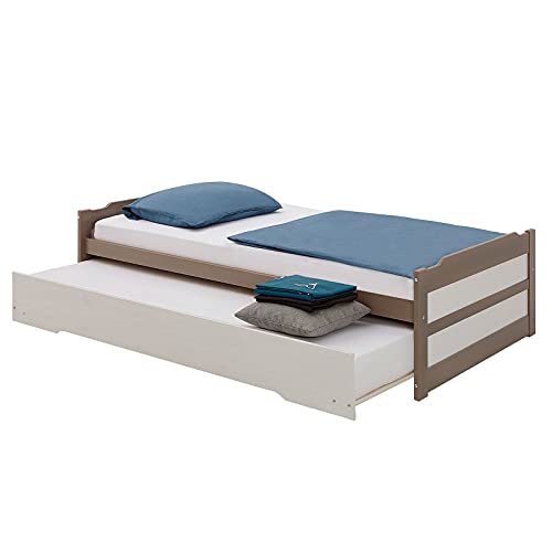 IDIMEX Ausziehbett Lorena in 90 x 190 cm, schönes Tagesbett aus Kiefer massiv in Taupe/weiß, praktisches Jugendbett mit Auszugskasten von IDIMEX