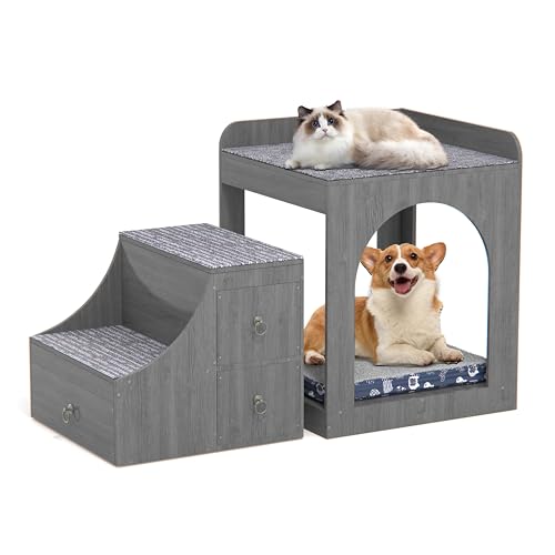 Hundetreppe Haustiertreppe 3 Stufen,27,6" Hoch rutschfeste Hunderampe mit Schublade,Katzentreppe mit Katzenloch,Waschbar Haustierleiter für Bett und Sofa,Schlafhöhle 2 in 1 praktische Hunderampe von IGTOPS