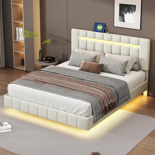 IHO SOFA Doppelbett 160 x 200 cm, Schwebe Bettrahmen mit LED Leuchten und 2 USB Anschlüsse, Polsterbett Gästebett in hautfreundlichem Leinen, Bettgestell mit Lattenrost, Ohne Matratze, Beige IHO SOFA Doppelbett 160 x 200 cm, Schwebe Bettrahmen mit LED Leuchten und 2 USB Anschlüsse, Polsterbett Gästebett in hautfreundlichem Leinen, Bettgestell mit Lattenrost, Ohne Matratze, Beige von IHO SOFA