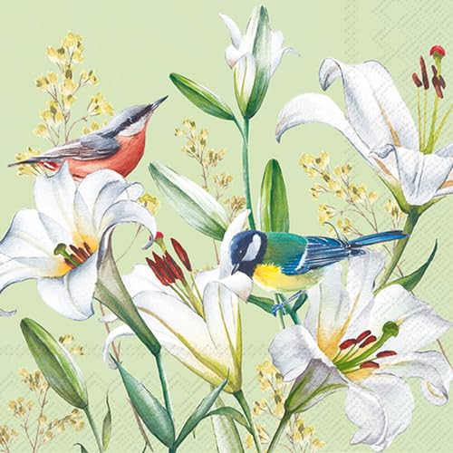 20 Servietten Blumen, Garten & Natur Vögel in Lilien als Tischdeko. Papierservietten mit Motiv. Auch für Decoupage und Serviettentechnik 33x33cm von IHR