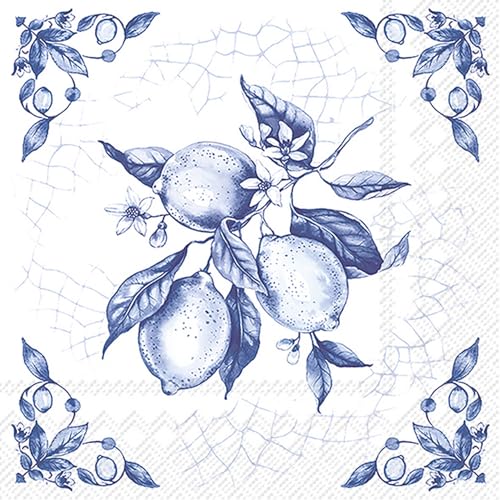 20 Servietten Blumen, Garten & Natur Zitronen in blau als Tischdeko. Papierservietten mit Motiv. Auch für Decoupage und Serviettentechnik 33x33cm von IHR