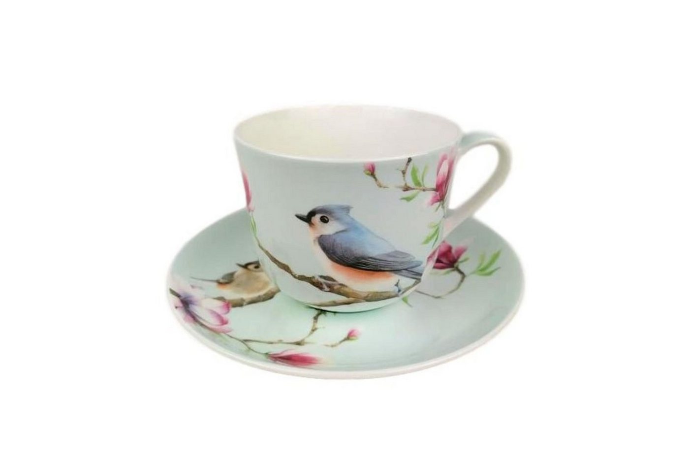 IHR Cappuccinotasse Elegante Tasse mit Untertasse Spring Melody 0,4l hellblau rosa Vogel Meise Baum Blumen Küche Tischdeko Geschenk Präsent Porzellantasse Porzellan Milchkaffeetasse von IHR