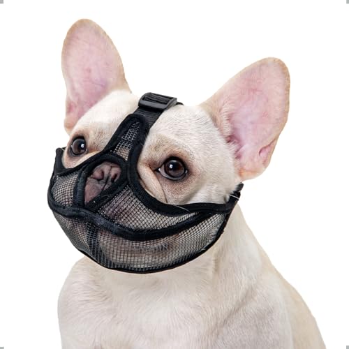 ILEPARK Französische Bulldogge Maulkorb, Won't Cover Stirn Hund Maulkorb für Kurze Schnauze Hund, einstellbare Atmung Mesh, Anti Biting Kauen Bellen(S,Schwarz) von ILEPARK