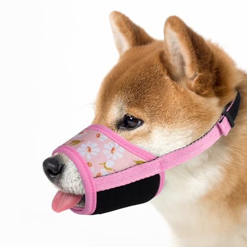 Maulkorb für Hunde, Maulkorb aus weichem Nylon mit Motiv, Anti-Biss, Anti-Bellen, Anti-Kläffen für kleine, mittlere und große Hunde (L,Rosa Blume) von ILEPARK