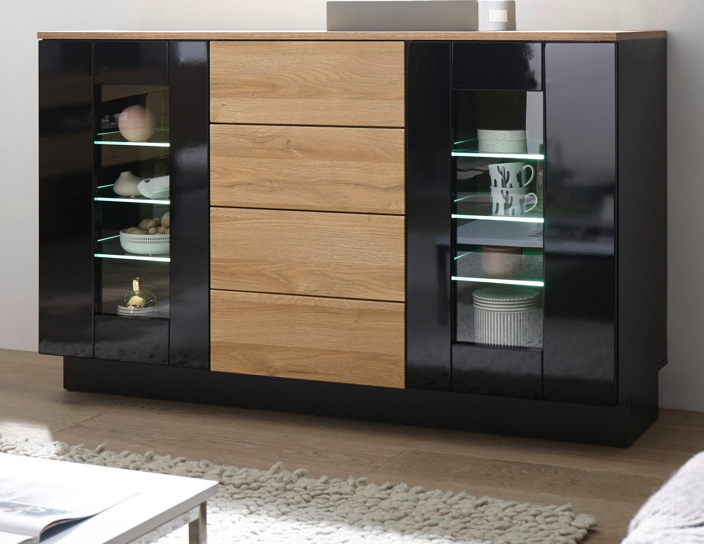 Furn.Design Sideboard Savanna (Kommode in schwarz Hochglanz und Eiche, 136 x 85 cm), mit Push-to-Open von Furn.Design