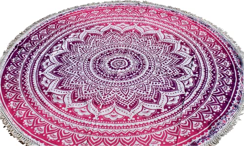 Runde Strand-Mandala-Boho-Hippie-Decke indische Baumwolle böhmische große Tischdecke Heimdekoration Yoga-Matte Meditation Picknickdecke Überwurf Hippie-Boho-Tischdecke Roundie (106,7 cm rosa und weiß) von INDIAN CRAFT CASTLE