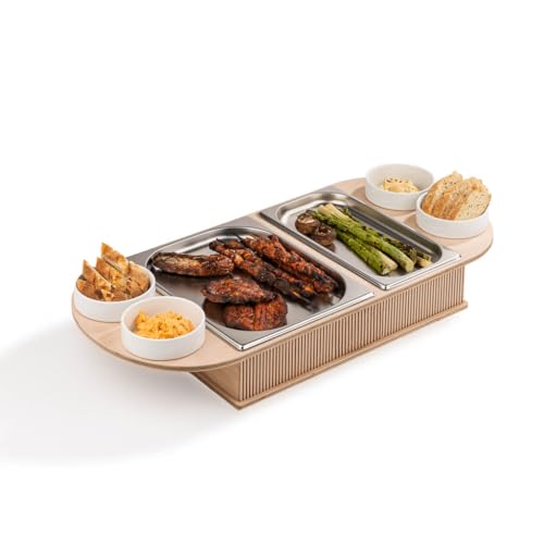 INEXTERIOR BBQ-Boards - Fleischwarmhalter fürs Grillen - Grillgut Stövchen mit BBQ-Design – Speisenwärmer – Warmhaltebehälter mit Kerzen - Warmhaltebox Grillparty (Natur, L + Schalen) von INEXTERIOR