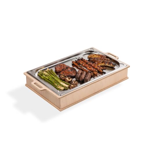 INEXTERIOR BBQ-Boards - Fleischwarmhalter fürs Grillen - Grillgut Stövchen mit BBQ-Design – Speisenwärmer – Warmhaltebehälter mit Kerzen - Warmhaltebox Grillparty (Natur, XL) von INEXTERIOR