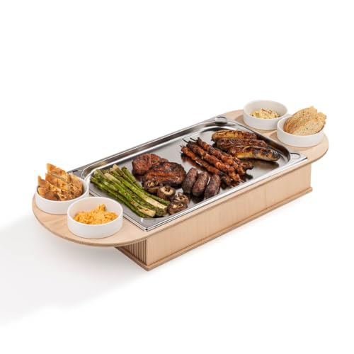 INEXTERIOR BBQ-Boards - Fleischwarmhalter fürs Grillen - Grillgut Stövchen mit BBQ-Design – Speisenwärmer – Warmhaltebehälter mit Kerzen - Warmhaltebox Grillparty (Natur, XL + Schalen) von INEXTERIOR