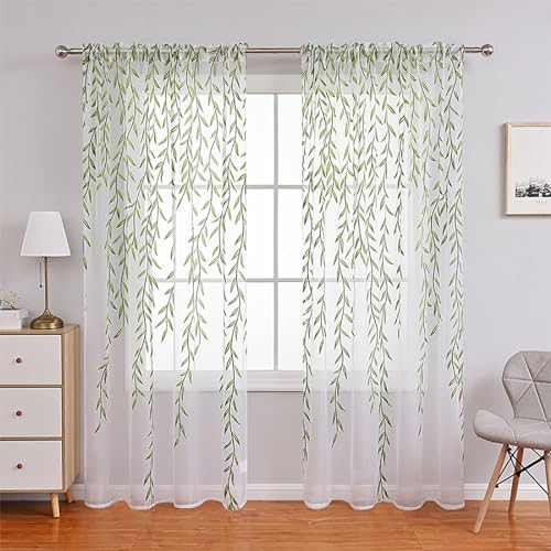 INFORMPOT Vorhang aus Weidenweide, durchscheinender Gaze-Vorhang für Wohnzimmer, Schlafzimmer, Fenster, Tür, Balkon, Salix-Blätter, durchscheinender Gaze-Vorhang (grün, 100 cm (B) x 270 cm (H)) von INFORMPOT