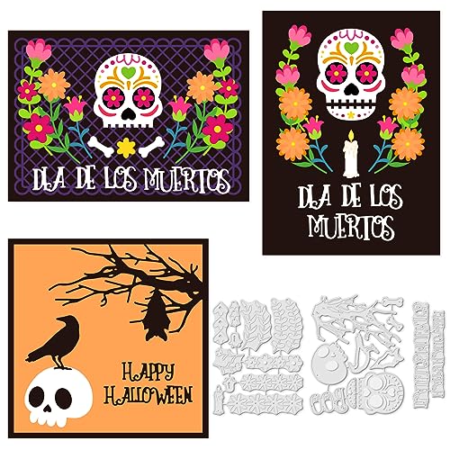 INFUNLY 3 Stück Happy Halloween Stanzformen Totenkopf Metallstanzungen Für Die KartenherstellungKerzenstanzenBlumenGestanzte Prägeschablonen Für DIY HalloweenScrapbookingAlbenFotopapierBastelnDekor von INFUNLY