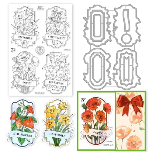 INFUNLY Frühling Blume Clear Stempel und Matrizen Set Erdbeere Früchte Floral Transparente Silikon Stempel Label Cutting Stanze für Karte machen DIY Handwerk Scrapbooking Weihnachten Gruß Karte Dekor von INFUNLY