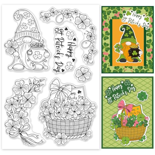 INFUNLY Gnome-Stempel Zum Basteln von Karten Glücksklee Silikon-Stempel Transparente Stempel Für St. Patrick Day Korb Transparente Stempel Für DIY Scrapbooking Fotoalbum Dekoration Papierhandwerk von INFUNLY