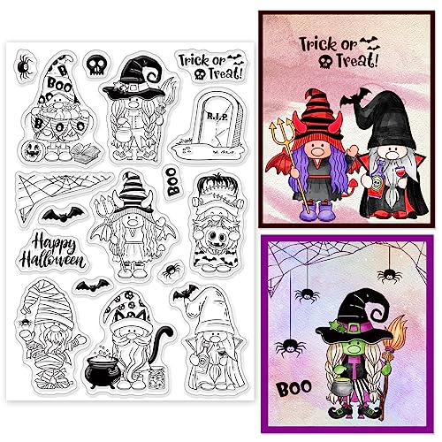 INFUNLY Gnomes Stamps Happy Halloween Transparente Stempel Für Die Kartenherstellung Skelett Transparente Stempel Spinnennetz Fledermäuse Gummistempel Für DIY Scrapbooking Kürbisstempel Zum Basteln von INFUNLY