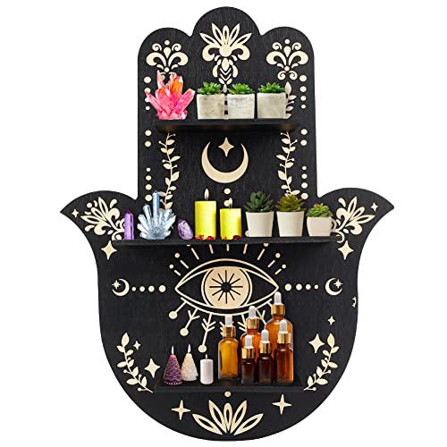 INFUNLY Kristallregal Display Hamsa Wanddekoration Holz Kristall Halter Hamsa Hand Kristall Regal Böser Blick Kristall Dekor Schweberegale für Steine Display Hamsa Kristall Hamsa Handregal von INFUNLY