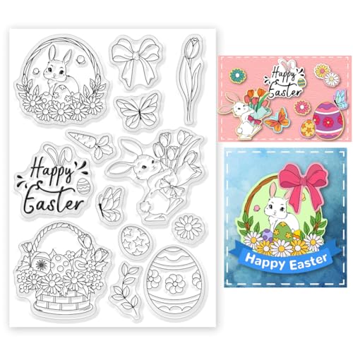 INFUNLY Osterhase Transparente Stempel Ei Transparente Stempel Für Scrapbooking Fröhliche Ostern Gummistempel Blumen-Silikonstempel Für Ostern Kartenherstellung Frühlings-Tagebuch Fotoalbum Tagebuch von INFUNLY