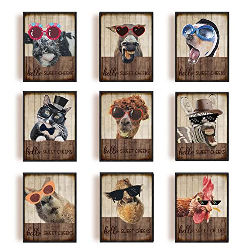 INFUNLY Set Mit 9 lustigen Tier-Wand-Kunstdruck Land Vintage Esel Mit Brille Wandposter Gemälde Ungerahmt Bunte Tiere Wandkunst Für Schlafzimmer Küche Wohnzimmer Badezimmer Zuhause von INFUNLY