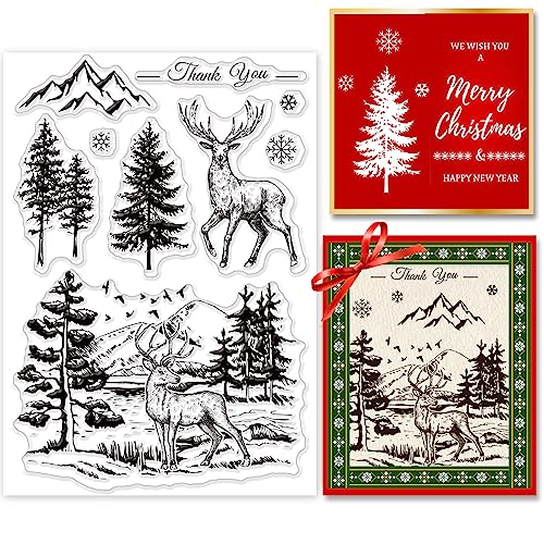 INFUNLY Weihnachten Hirsch Wald Silikon Clear Stamp Schneeflocke Berg Baum Clear Rubber Stamp Weihnachten Hintergrund Stempel Danke Clear Stamps Weihnachtsbaum Stempel Für Kartenherstellung DIY von INFUNLY