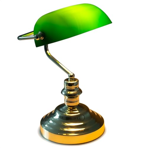 INNOVATE Bankerlampe Grün – 36cm hohe Bürolampe E27 – englische Retro Schreibtischlampe Messing – 1,5m Kabel mit Kippschalter und Eurostecker – Bibliothekslampe Lampenschirm Acrylglas Grün von INNOVATE