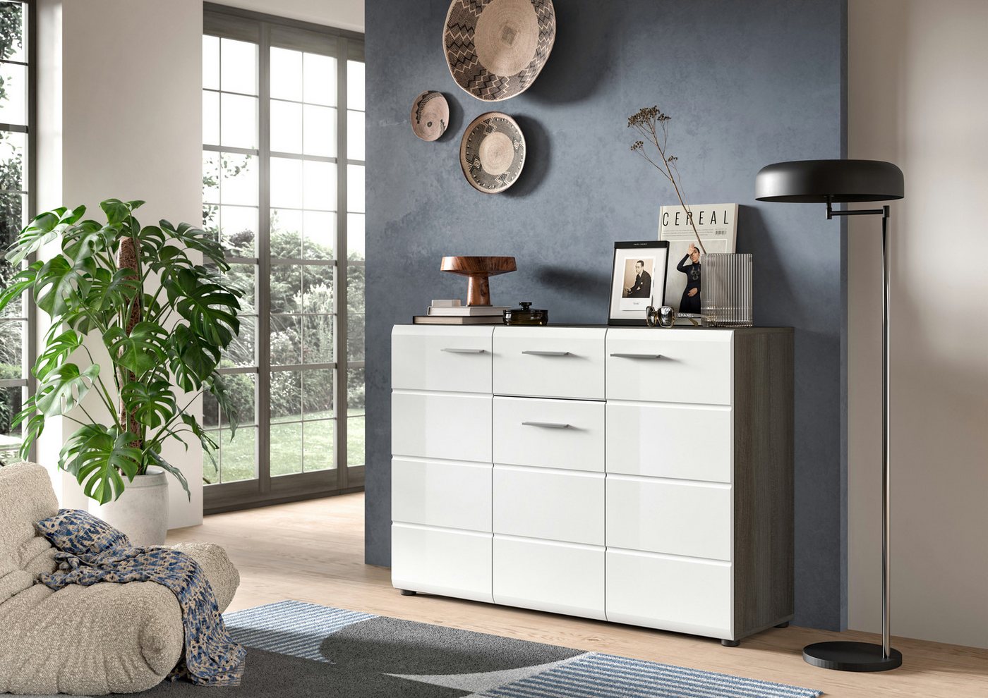 INOSIGN Sideboard Rumba, Breite 120cm, in Rauchsilber Nachbildung/Weiß Hochglanz, Kommode, Sideboard, Schrank von INOSIGN