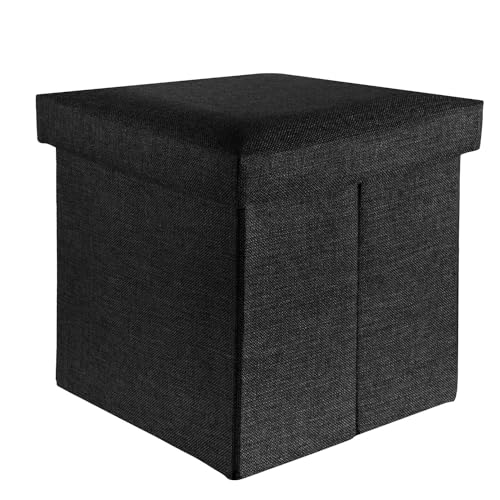 INTIRILIFE Faltbarer Sitzhocker 38x38x38 cm in Diamant SCHWARZ - Sitzwürfel mit Stauraum und Deckel aus Stoff in Leinen Optik - Sitzcube Fußablage Aufbewahrungsbox Truhe Sitzbank von INTIRILIFE