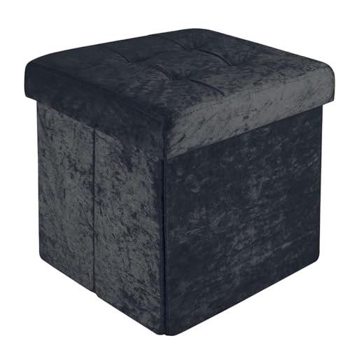 INTIRILIFE Faltbarer Sitzhocker 38x38x38 cm in Samt Schwarz - Sitzwürfel mit Stauraum und Deckel mit Samtbezug- Sitzcube Fußablage Aufbewahrungsbox Truhe Sitzbank von INTIRILIFE