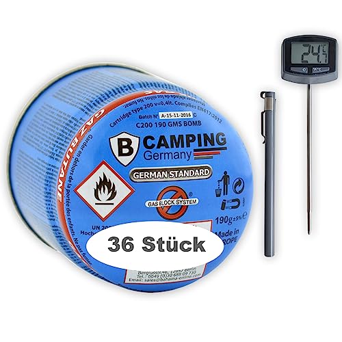 IOE 36x 190g Butan-Gas-Kartusche Stechkartusche für Gaskocher Lötlampe Campingkocher Lötbrenner Campinglampe Bunsenbrenner Shisha-Kohlenanzünder mit Gas-Stop-System inkl. Grill-Thermometer von IOE