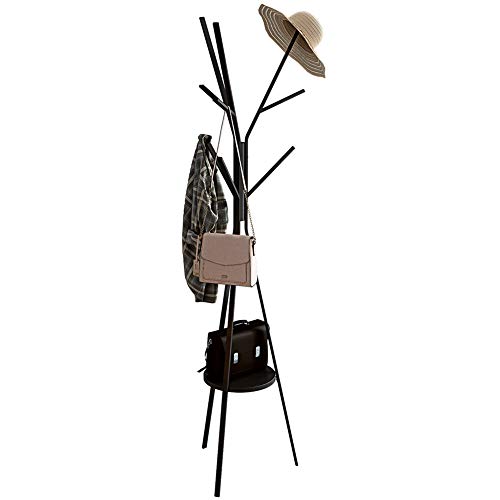 IOTXY Bodenständig Flur Kleiderständer Baum - Schwarzer 180cm hoher Kleiderbügel mit Ablage und 9 Haken für Handtaschen-Jacken-Schal-Halter, Freestanding Metal Coat Rack Tree, Black von IOTXY