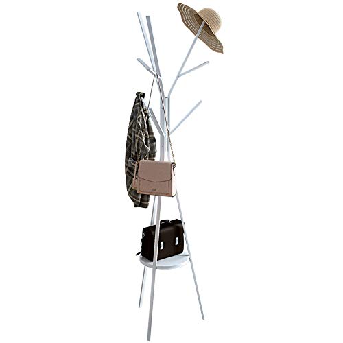 IOTXY Bodenständig Flur Kleiderständer Baum - Weiß 180cm hoher Kleiderbügel mit Ablage und 9 Haken für Handtaschen-Jacken-Schal-Halter, Freestanding Metal Coat Rack Tree, White von IOTXY