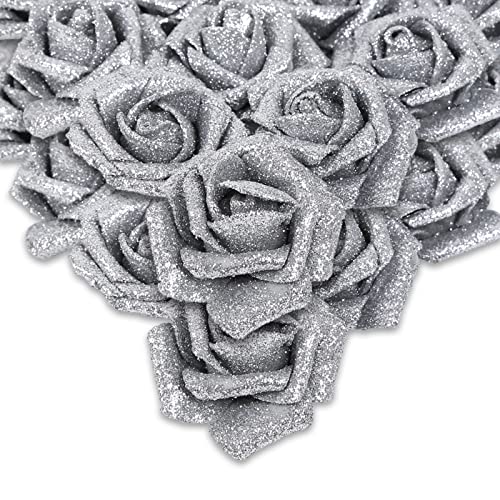 IPOPU Künstliche Rosen, Silber-Rosen, 50 Stück, Glitzer-Rosen, Silber-Rosen, mit Stiel, für DIY, Hochzeit, Brautstrauß, Zuhause, Party, Weihnachtsdekoration (Silber) von IPOPU