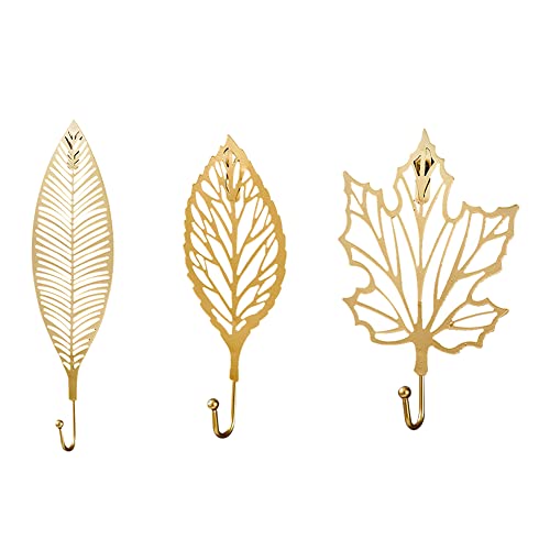 3Pcs Kleiderhaken Vintage Gold, Dekorative Wandhaken Klebehaken Blattform Metallhaken Garderobenhaken Wandhaken Kreativ Gold Art Leaf Form Haken Garderobe Huthaken für Zuhause,Wohnzimmer,Schlafzimmer von ISAKEN