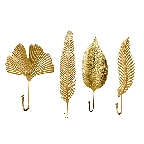 4Pcs Kleiderhaken Vintage Gold, Dekorative Wandhaken Klebehaken Blattform Metallhaken Garderobenhaken Wandhaken Kreativ Gold Art Leaf Form Haken Garderobe Huthaken für Zuhause,Wohnzimmer,Schlafzimmer von ISAKEN