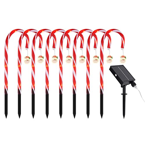 8 Stück Weihnachtsmann Zuckerstangen Lichterketten, Festive LED Lichterketten Weihnachtsweg Marker Weihnachtsbeleuchtung Außen Gartenstäbe Zuckerstange Solar Lichterkette für Garten Weihnachtsdeko von ISAKEN