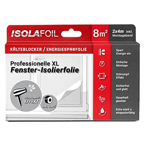 Professionelle XL Fenster-Isolierfolie (4m x 2m) - Thermofolie - wärmedämmend - glasklar - Energiesparfolie - kein Beschlagen - Kälteschutzfolie von ISOLAFOIL