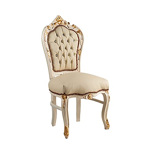 Stuhl im Barock-Stil aus lackiertem Mahagoniholz, elfenbeinfarben, verziert mit Blattgold und Bezug aus Kunstleder von ITALUX MORE LIGHT