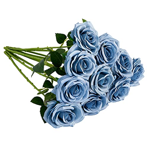 IUKnot Künstliche Rosen, 10 Stück, offene Blumenstrauß aus Kunstrosen, Stiele für Hochzeitsarrangement, Brautstrauß, Tafelaufsatz, künstliche Seidenblumen (Dusty Blue) von IUKnot