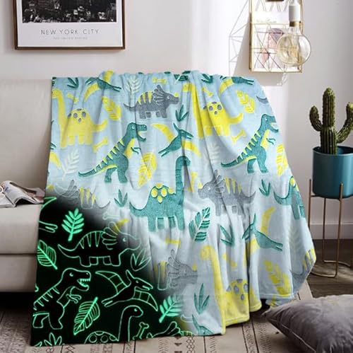 IUNTWEIE Kuscheldecke 150 x 200 cm Glow In The Dark Dinosaurier Muster, Flanell Decke Sofa Decke Winter Weihnachten Geschenk für Kinder (Blau) von IUNTWEIE