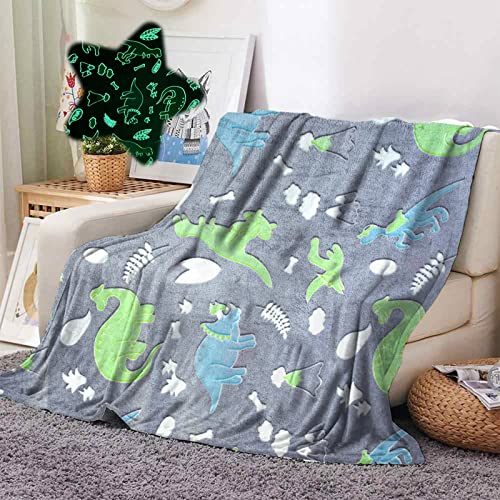 Kuscheldecke Dinosaurier Kind, Dino Decke Leuchtet im Dunkeln, Weiche warm Flanell Decke Sofa, Flauschige Decke 150 x 200 Winter Weihnachten Geschenk für Kind (Grau) von IUNTWEIE