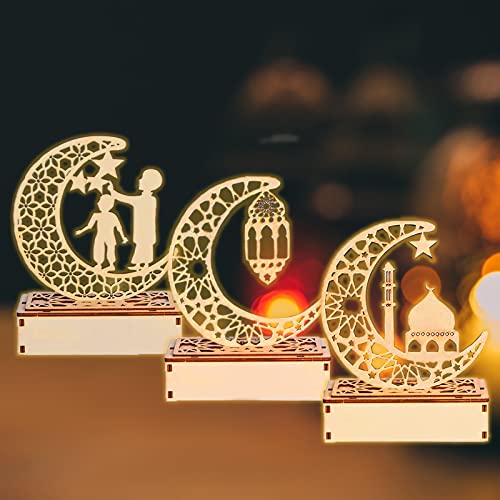 IWTBNOA Holz Eid Mubarak Tischdekoration, 3 Stück Ramadan Holz Lichter Dekoation, Mubarak Ramadan Led Diy Lampen, Ramadan Mond Nachtlicht für Zuhause, Büro, Ramadan Dekoration, Eid Mubarak Geschenke von IWTBNOA