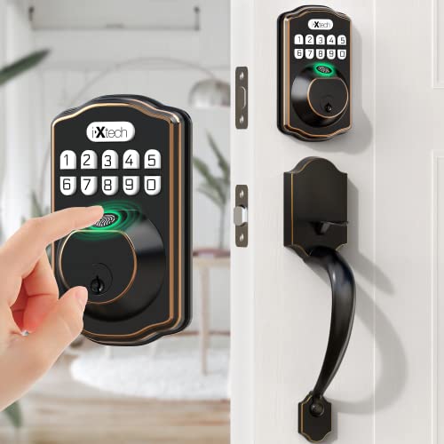 IXTECH Fingerabdruck Türschloss Set, Keyless Eingang Türschloss Riegel mit Griff und 2 Schlüsseln, Elektronisches Türschloss mit Tastatur, Ölbronze-Finish von IXTECH