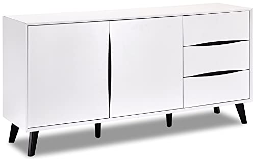 Ibbe Design Matt Weiss Schwarz MDF Retro Skandinavisch Sideboard mit 2 Türen und 3 Schubladen Modern Kommode Lyon, Schwarz Massivholz Beine, 160x40x80 cm von Ibbe Design