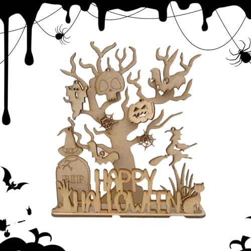 Ibuloule Halloween-Geister-Holzornamente, dekoratives Ornament-Holzschild | Holzschild & natürliches Halloween-Dekor - Tischaufsätze mit stabiler Basis für Halloween-Feiertagsjubiläum von Ibuloule