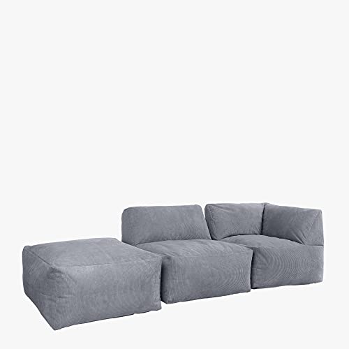 Icon Tetra Sitzsack, modulares Ecksofa, 3er-Set, Eck-Sitzsack, Liegesessel, Sitzpuff, feines Cord-Sitzsack, Dunkelgrau, großes Sitzsack-Sofa für Erwachsene mit Füllung von Icon