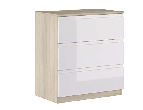 Iconico Home MIK Modern, Kommode mit 3 Schubladen auf Rollschienen, mit integriertem Griff, Eiche/Weiß glänzend, Spanplatte, 80 x 44,5 x 87 cm von Iconico Home
