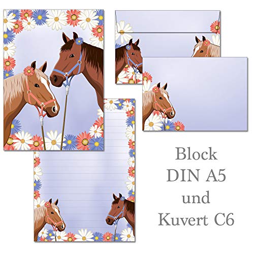 zwei Pferde - 1 Schreibblock DIN A5 mit Linien + 15 Briefumschläge DIN C6 von Ideenstadl