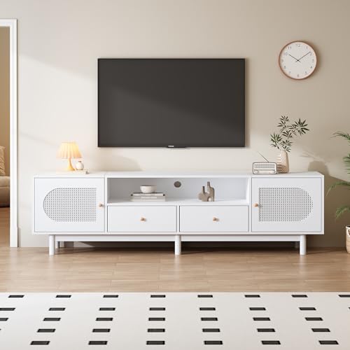 Idemon Eleganter 180 cm Langer TV-Ständer aus weißem Rattan für 80-Zoll-Fernseher - Kabelführung, 2 Türen, 2 Schubladen, TV-Ständer, TV-Unterschrank, Wohnzimmer-Unterschrank,TV lowboard von Idemon