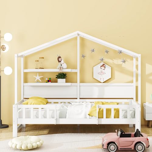 Idemon Kinderbett 90 x 200 cm, Schlafsofa aus Massivholz mit Spaßdach und Sicherheitsgitter, Jungen- und Mädchenbett (weiß) von Idemon