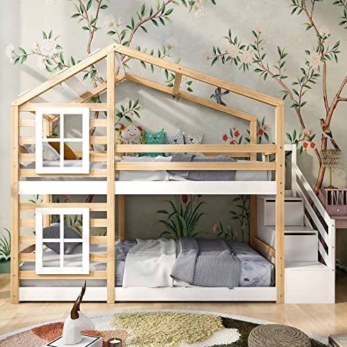 Idemon Kinderbett Baumhaus mit Schublade und Rausfallschutz 90 x 200 cm, Hochbett für Kinder– 2X Lattenrost- Natur & Weiß (244.5 x 96 x193 cm) von Idemon