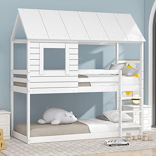 Idemon Kinderbett Holz Etagenbett 90 X 200 cm, Kinder hausbett mit Dach, Leiter und Lattenrost (weiß) von Idemon