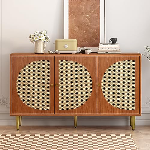 Idemon Sideboard mit 3 Rattan verzierten Türen Kommode Highboard mit Metallgriffe, für Schlafzimmer & Wohnräume & Büro, 129.8X 40x 76cm (Nussbaum) von Idemon